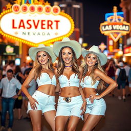 Three pretty cowgirls wearing stylish white shorts and cowboy hats, posing confidently and playfully on Fremont Street in Las Vegas