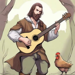 This is an ultra-realistic comic-style image of a bard with a half-smile, strumming a lute