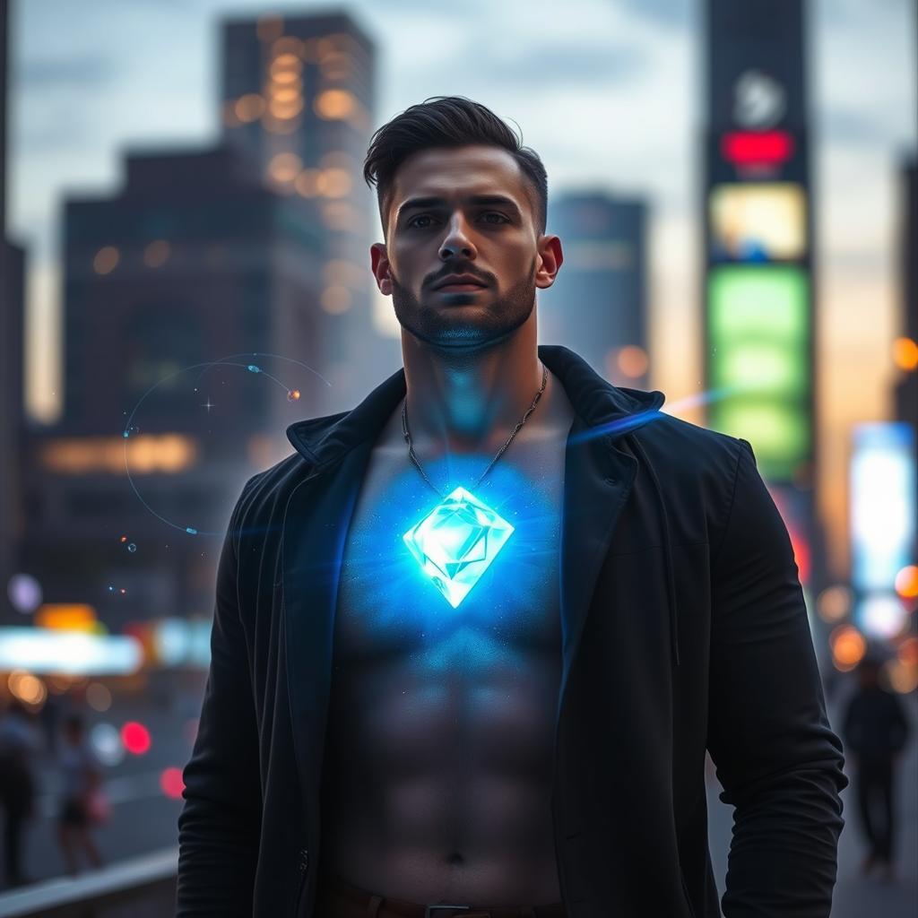 A mystical urban setting at dusk featuring a man with a serene expression, standing against a backdrop of glowing city lights