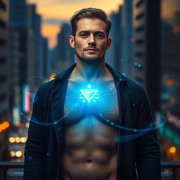 A mystical urban setting at dusk featuring a man with a serene expression, standing against a backdrop of glowing city lights