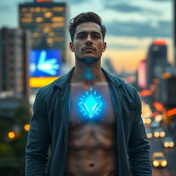 A mystical urban setting at dusk featuring a man with a serene expression, standing against a backdrop of glowing city lights