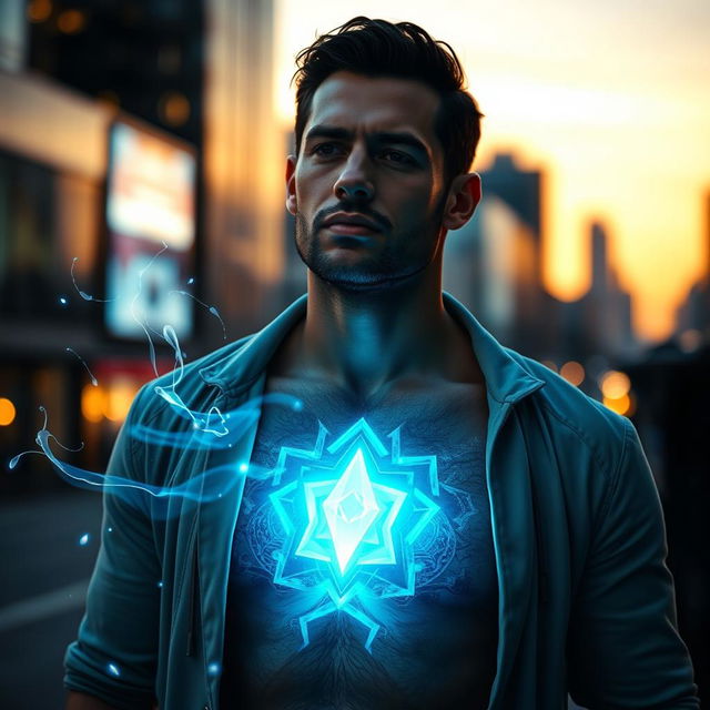 A mystical urban setting at dusk featuring a man with a serene expression, standing against a backdrop of glowing city lights