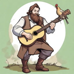 This is an ultra-realistic comic-style image of a bard with a half-smile, strumming a lute