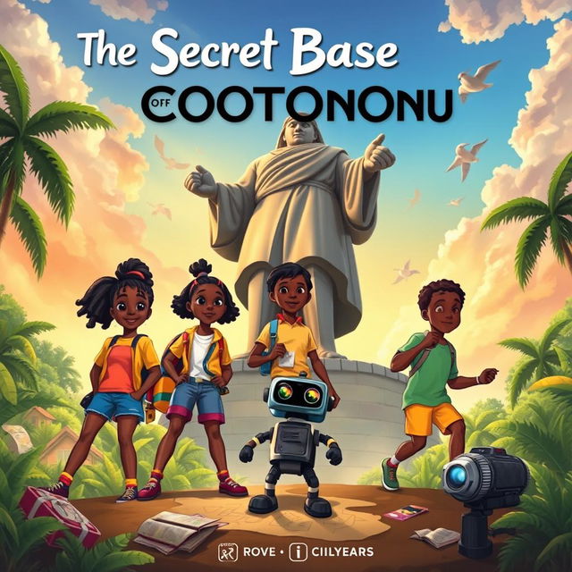 A colorful and adventurous book cover for a children’s novel titled 'The Secret Base of Cotonou'