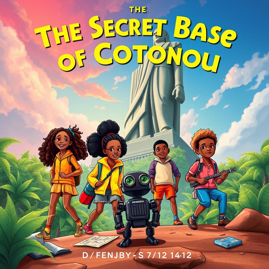 A colorful and adventurous book cover for a children’s novel titled 'The Secret Base of Cotonou'