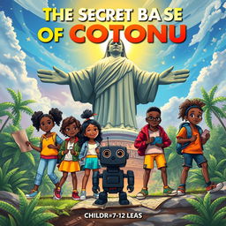 A colorful and adventurous book cover for a children’s novel titled 'The Secret Base of Cotonou'