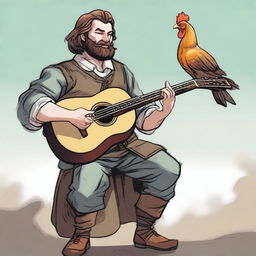 This is an ultra-realistic comic-style image of a bard with a half-smile, strumming a lute