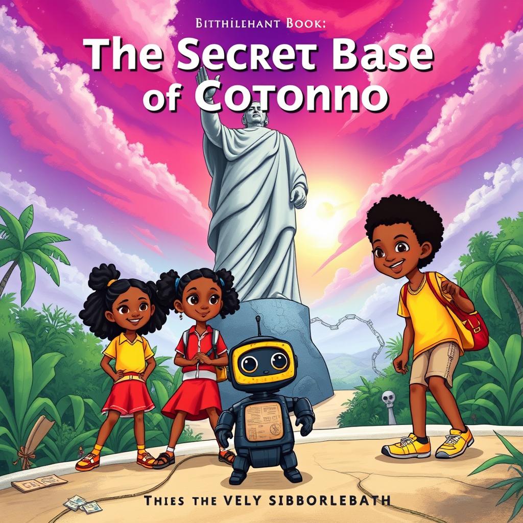 A colorful and adventurous illustration for a children's book cover titled 'The Secret Base of Cotonou'