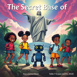 A colorful and adventurous illustration for a children's book cover titled 'The Secret Base of Cotonou'