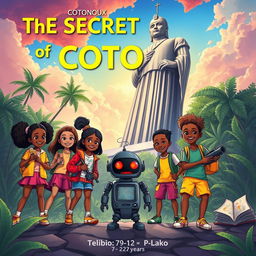 A colorful and adventurous illustration for a children's book cover titled 'The Secret Base of Cotonou'