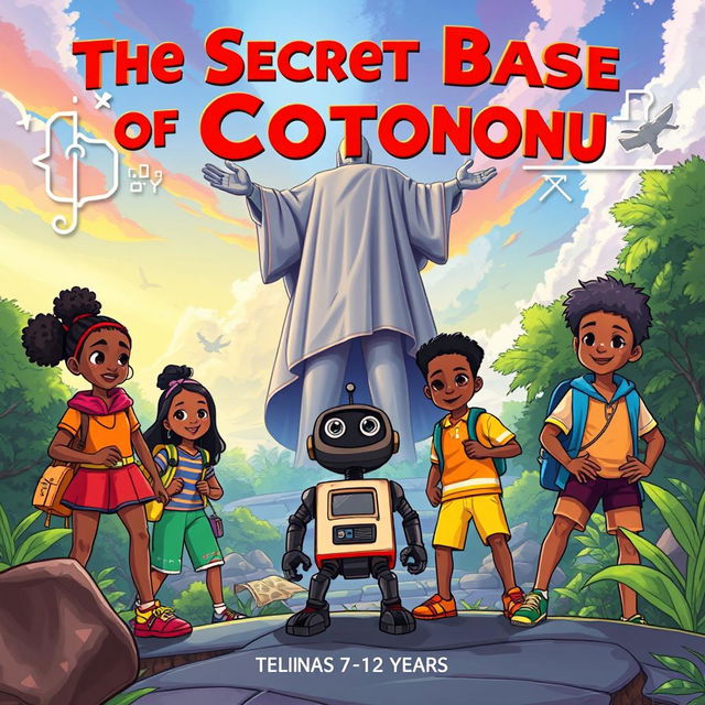 A colorful and adventurous illustration for a children's book cover titled 'The Secret Base of Cotonou'