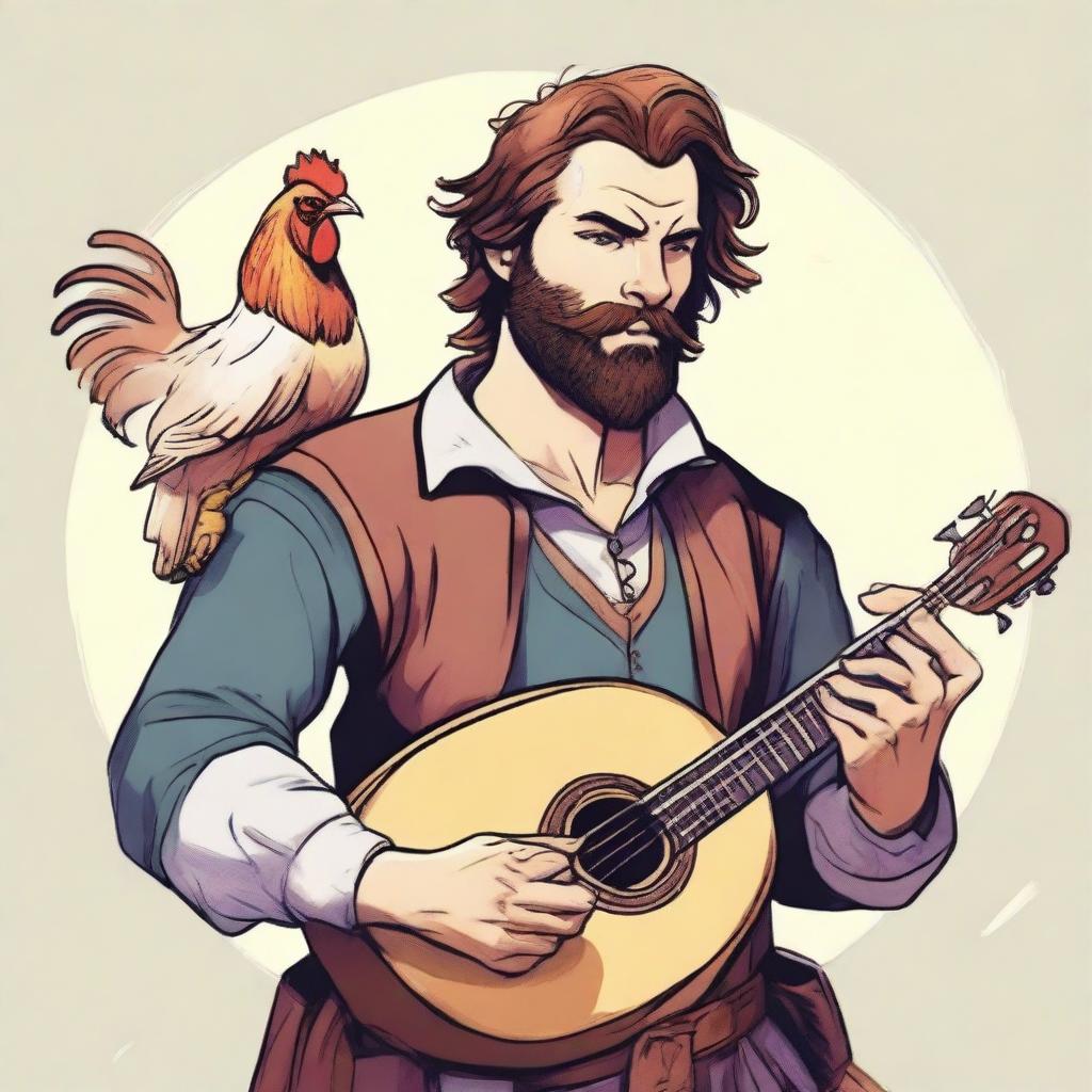 This is an ultra-realistic comic-style image of a bard with a half-smile, strumming a lute