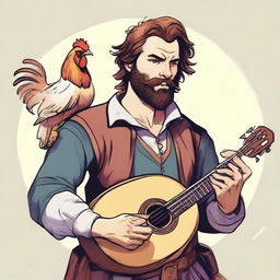 This is an ultra-realistic comic-style image of a bard with a half-smile, strumming a lute