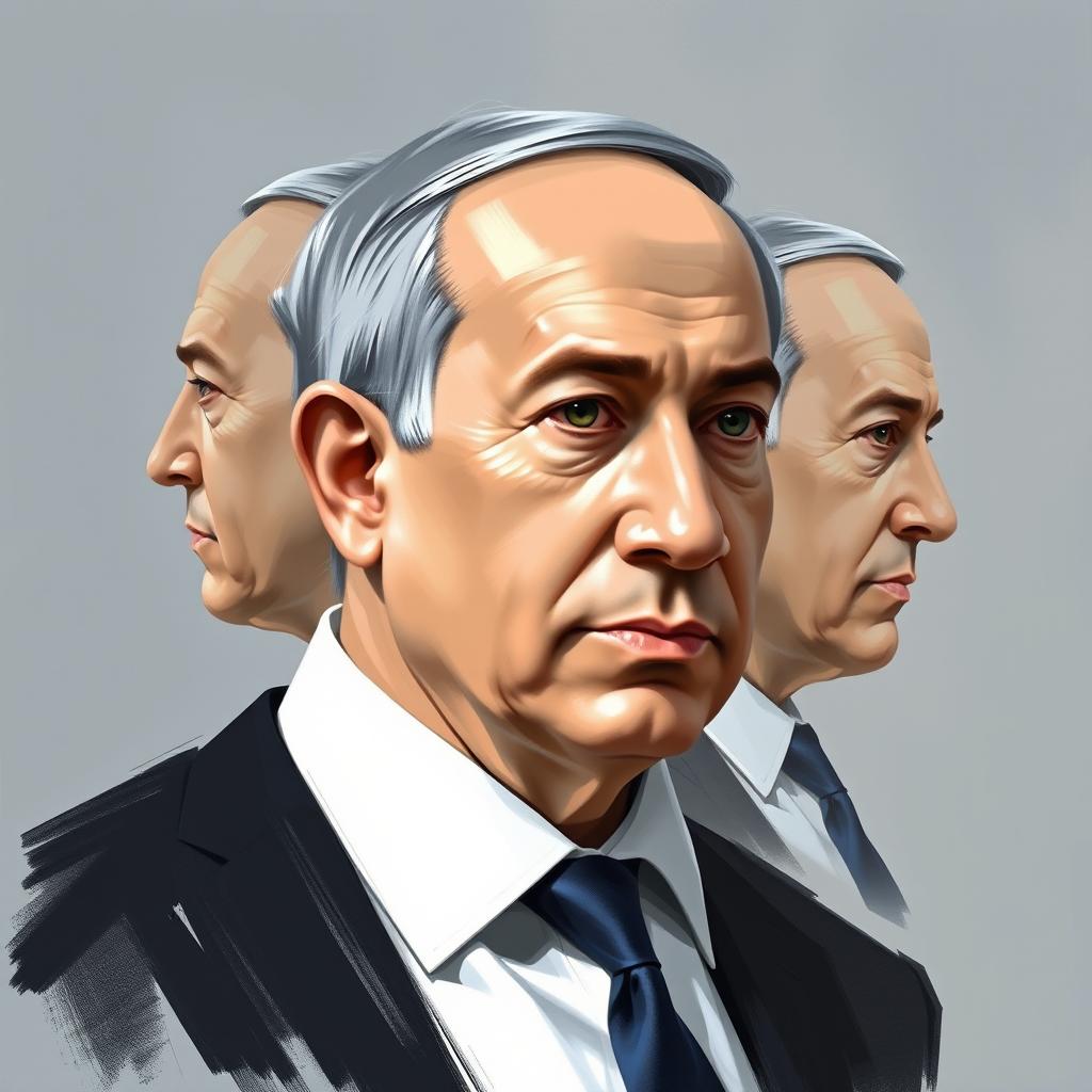 An artistic portrayal of Benjamin Netanyahu utilizing both sketch technique and oil paint, presenting him from three distinct angles: a profile view, a frontal view, and a three-quarter view