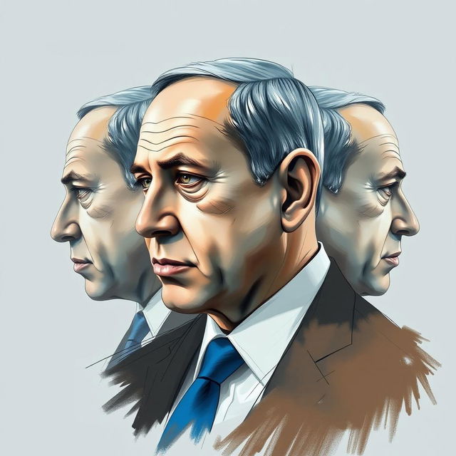 An artistic portrayal of Benjamin Netanyahu utilizing both sketch technique and oil paint, presenting him from three distinct angles: a profile view, a frontal view, and a three-quarter view