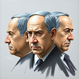 An artistic portrayal of Benjamin Netanyahu utilizing both sketch technique and oil paint, presenting him from three distinct angles: a profile view, a frontal view, and a three-quarter view