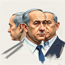 An artistic portrayal of Benjamin Netanyahu utilizing both sketch technique and oil paint, presenting him from three distinct angles: a profile view, a frontal view, and a three-quarter view