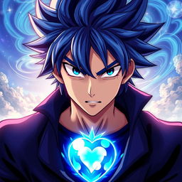 An anime-style male character with dramatic features, styled with spiky hair in vibrant shades of blue