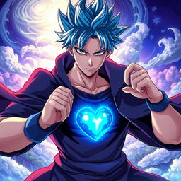 An anime-style male character with dramatic features, styled with spiky hair in vibrant shades of blue