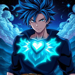 An anime-style male character with dramatic features, styled with spiky hair in vibrant shades of blue