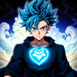 An anime-style male character with dramatic features, styled with spiky hair in vibrant shades of blue