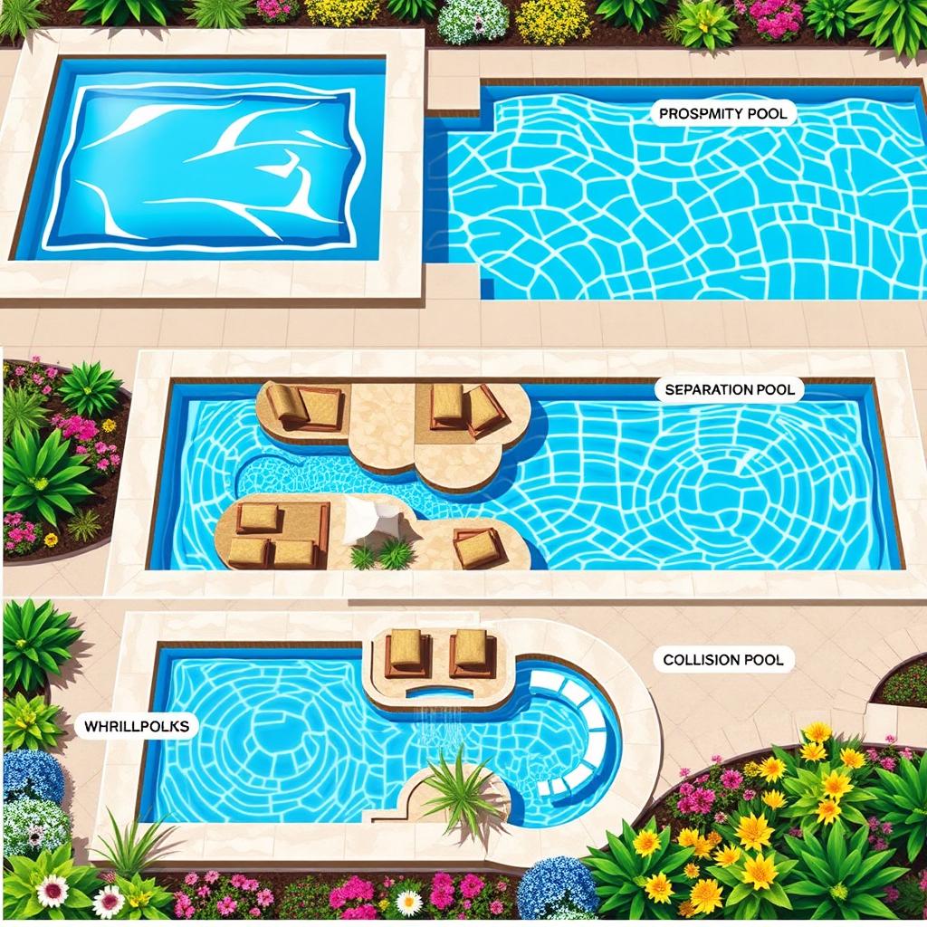 A detailed illustration showcasing three types of pools: a proximity pool with elegant, glassy water and sleek edges, a separation pool featuring distinct sections with natural landscaping and smooth transitions, and a collision pool designed with dynamic flows and whirlpools, all set in a vibrant garden environment with lush vegetation and colorful flowers