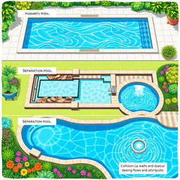 A detailed illustration showcasing three types of pools: a proximity pool with elegant, glassy water and sleek edges, a separation pool featuring distinct sections with natural landscaping and smooth transitions, and a collision pool designed with dynamic flows and whirlpools, all set in a vibrant garden environment with lush vegetation and colorful flowers