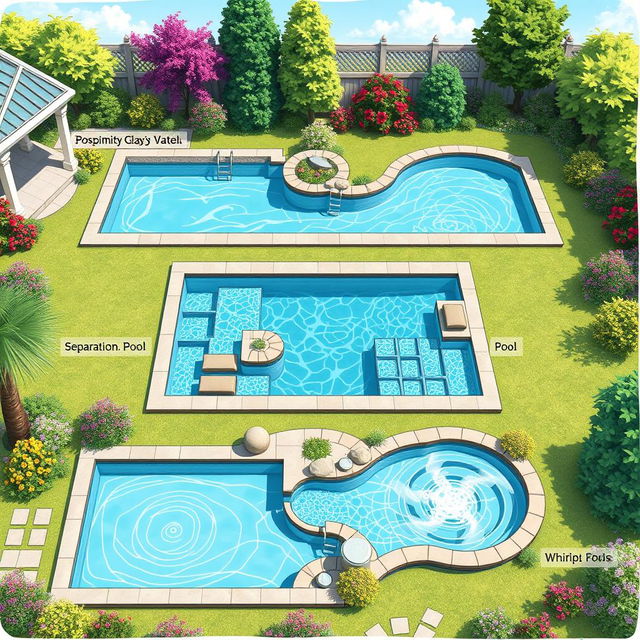 A detailed illustration showcasing three types of pools: a proximity pool with elegant, glassy water and sleek edges, a separation pool featuring distinct sections with natural landscaping and smooth transitions, and a collision pool designed with dynamic flows and whirlpools, all set in a vibrant garden environment with lush vegetation and colorful flowers