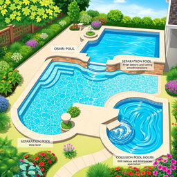 A detailed illustration showcasing three types of pools: a proximity pool with elegant, glassy water and sleek edges, a separation pool featuring distinct sections with natural landscaping and smooth transitions, and a collision pool designed with dynamic flows and whirlpools, all set in a vibrant garden environment with lush vegetation and colorful flowers