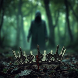A captivating book cover featuring a broken queen's crown, tarnished and weathered, resting on the forest floor