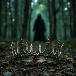 A captivating book cover featuring a broken queen's crown, tarnished and weathered, resting on the forest floor