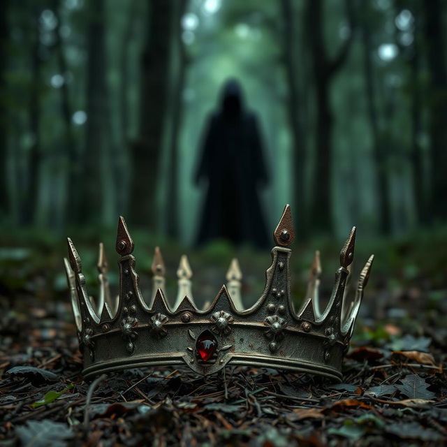 A captivating book cover featuring a broken queen's crown, tarnished and weathered, resting on the forest floor