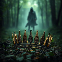 A captivating book cover featuring a broken queen's crown, tarnished and weathered, resting on the forest floor