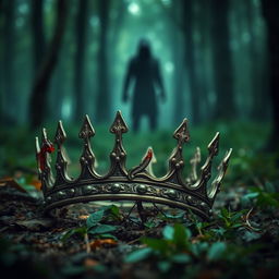 A captivating book cover featuring a broken queen's crown, tarnished and weathered, resting on the forest floor