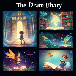 A beautifully illustrated storyboard concept for 'The Dream Library', featuring mystical and enchanting elements