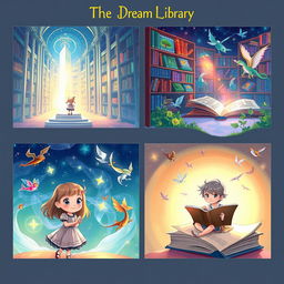 A beautifully illustrated storyboard concept for 'The Dream Library', featuring mystical and enchanting elements