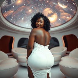 A full-body image of a beautiful mature African American woman aged 50, with curly black hair, possessing a curvy physique, featuring large breasts size 42DD, wide hips, a very slender waist, thick thighs, and beautiful, firm legs