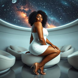 A full-body image of a beautiful mature African American woman aged 50, with curly black hair, possessing a curvy physique, featuring large breasts size 42DD, wide hips, a very slender waist, thick thighs, and beautiful, firm legs