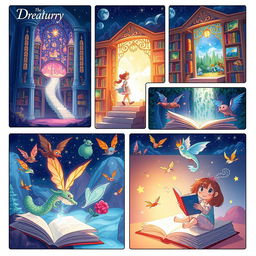 A beautifully illustrated storyboard concept for 'The Dream Library', featuring mystical and enchanting elements