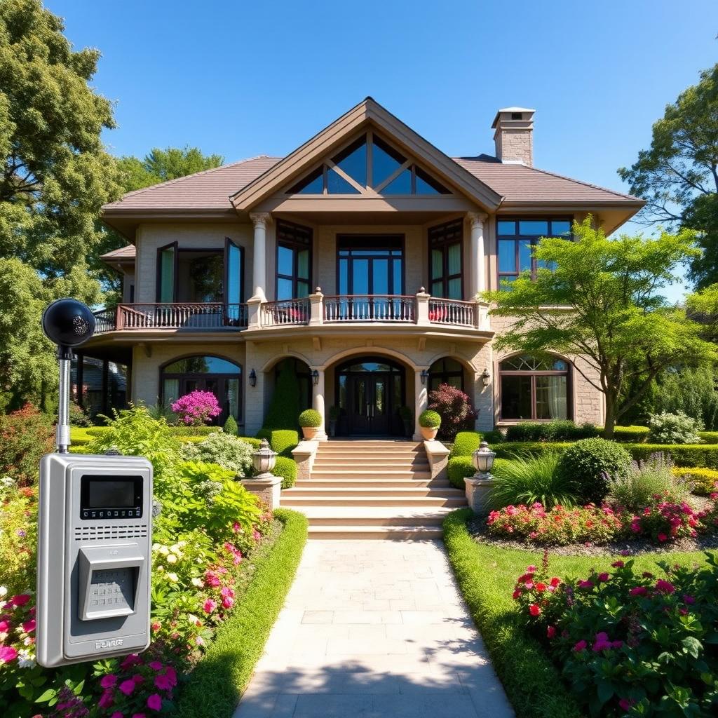 A beautiful house featuring an elegant video intercom system at the entrance, surrounded by a vibrant garden
