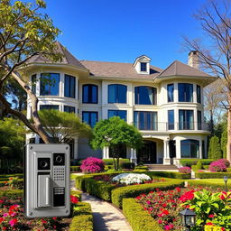 A beautiful house featuring an elegant video intercom system at the entrance, surrounded by a vibrant garden