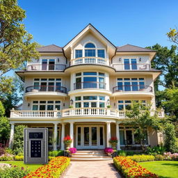 A beautiful house featuring an elegant video intercom system at the entrance, surrounded by a vibrant garden