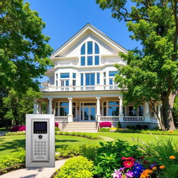A beautiful house featuring an elegant video intercom system at the entrance, surrounded by a vibrant garden