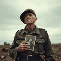 A melancholic soldier standing alone in a desolate landscape, reflecting on his experiences after returning from the Second World War