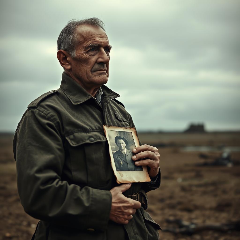A melancholic soldier standing alone in a desolate landscape, reflecting on his experiences after returning from the Second World War