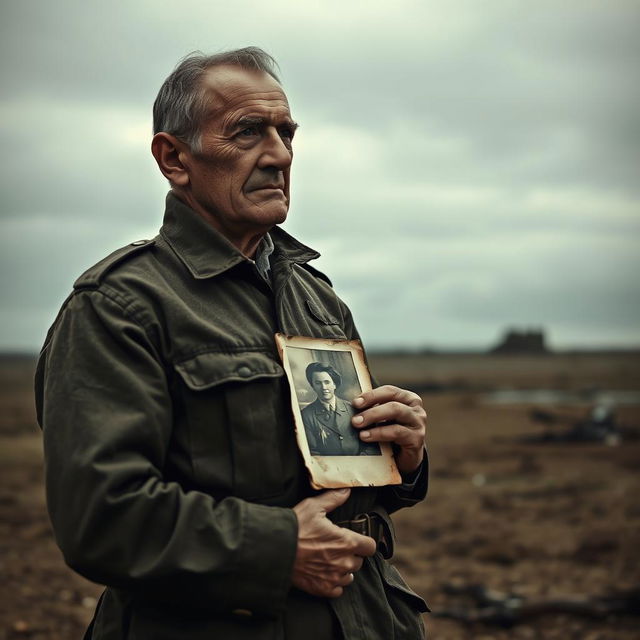 A melancholic soldier standing alone in a desolate landscape, reflecting on his experiences after returning from the Second World War