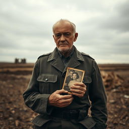 A melancholic soldier standing alone in a desolate landscape, reflecting on his experiences after returning from the Second World War