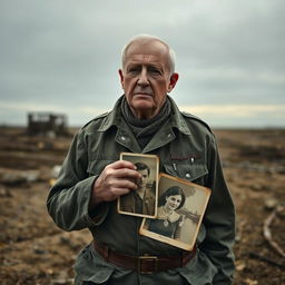 A melancholic soldier standing alone in a desolate landscape, reflecting on his experiences after returning from the Second World War
