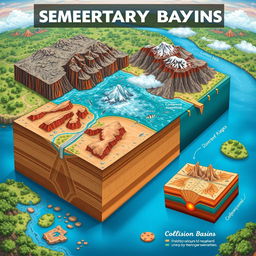 A detailed illustration showcasing three distinct types of sedimentary basins: divergent, convergent, and collision zones