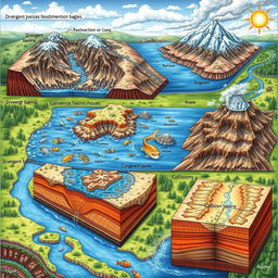 A detailed illustration showcasing three distinct types of sedimentary basins: divergent, convergent, and collision zones